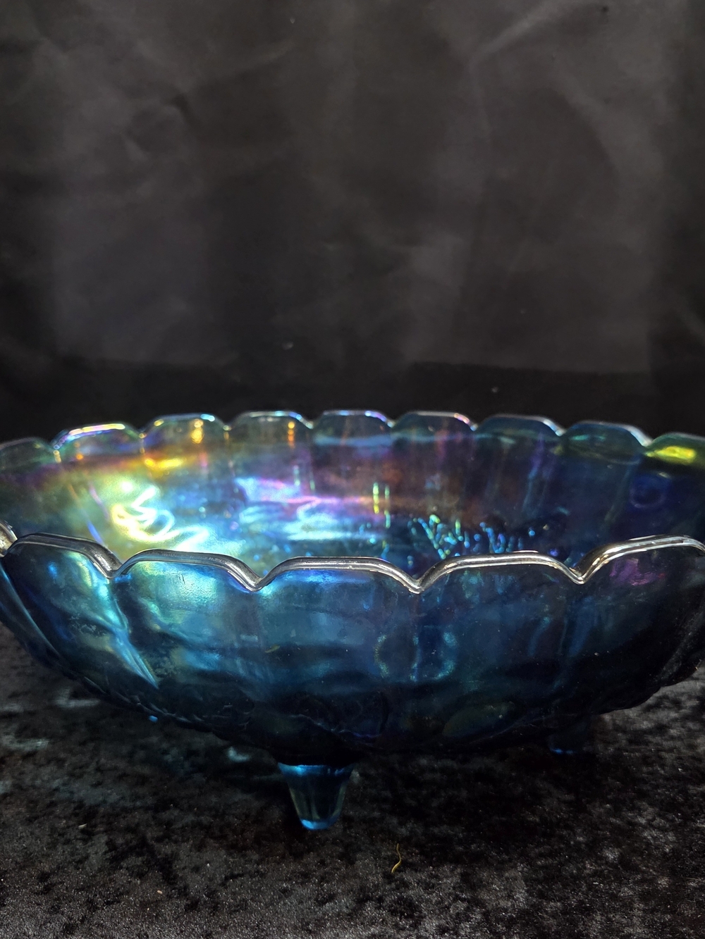 Rare Carnival Glass Footed Fruit Bowl Harvest Grape Cobalt Blue Beautiful Cond.